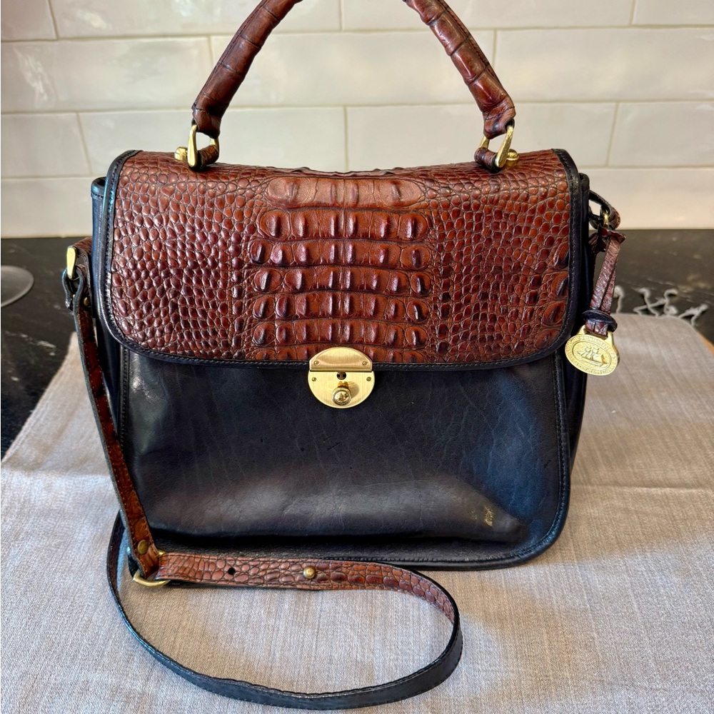 Brahmin Brown and Black Crossbody Bag with Croc-Embossed Texture